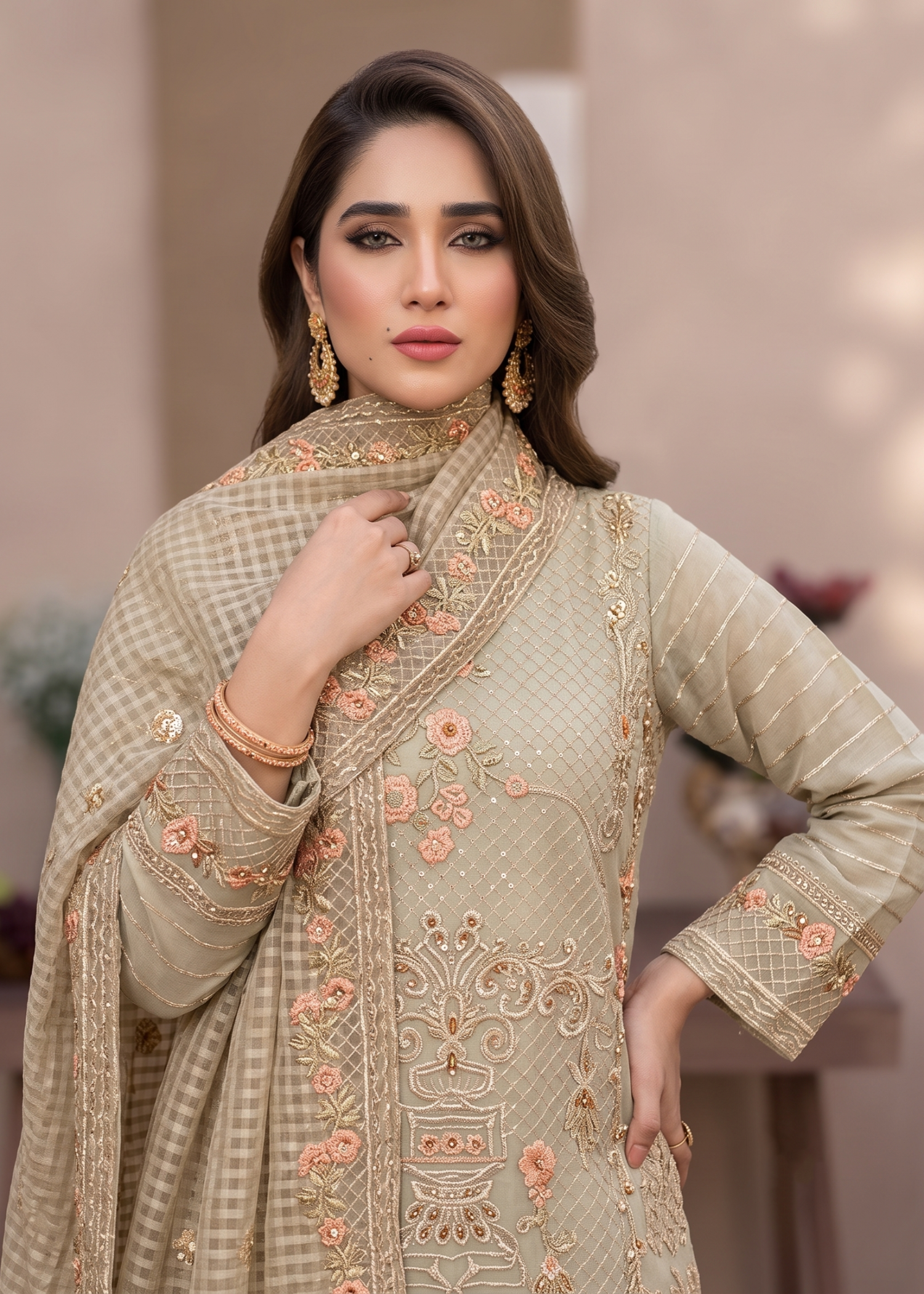 Embroidered Sage Green Organza Festive Wear Online in Dubai DXB UAE Abudhabi Meena Bazaar