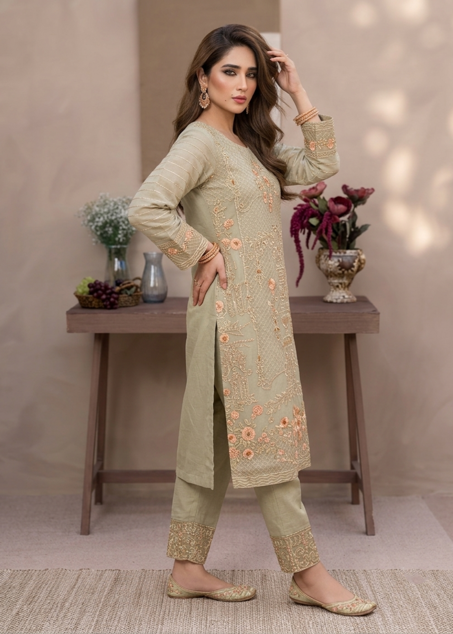 Embroidered Sage Green Organza Ladies Suit Online in Dubai DXB UAE Abudhabi Meena Bazaar