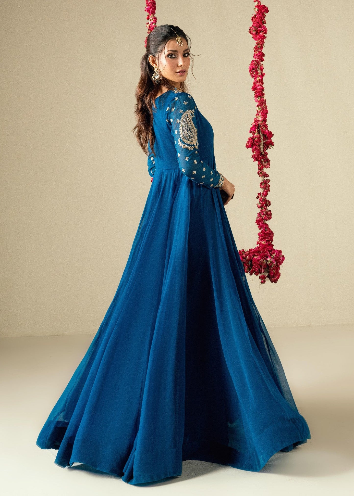 Embroidered Sapphire Blue Chiffon Kurta Set Online in Dubai DXB UAE Abudhabi Meena Bazaar