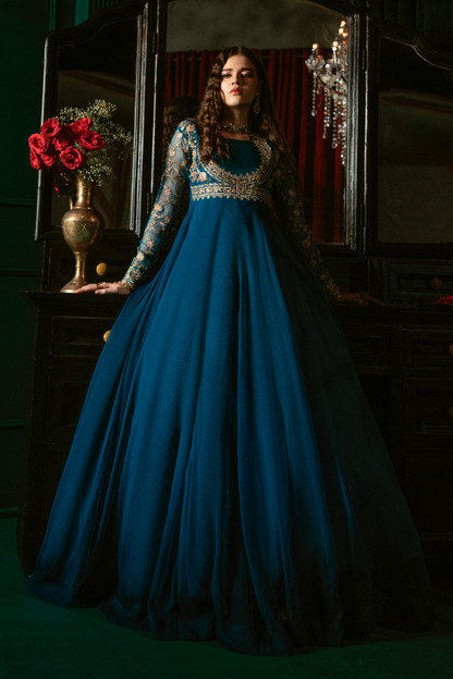 Embroidered Sapphire Blue Chiffon Pishwas Kurta Online in Sri Lanka India Australia