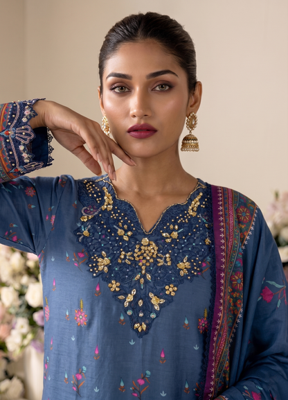 Embroidered Sapphire Blue Raw Silk 3 Piece Dress Online in Dubai DXB UAE Abudhabi Meena Bazaar
