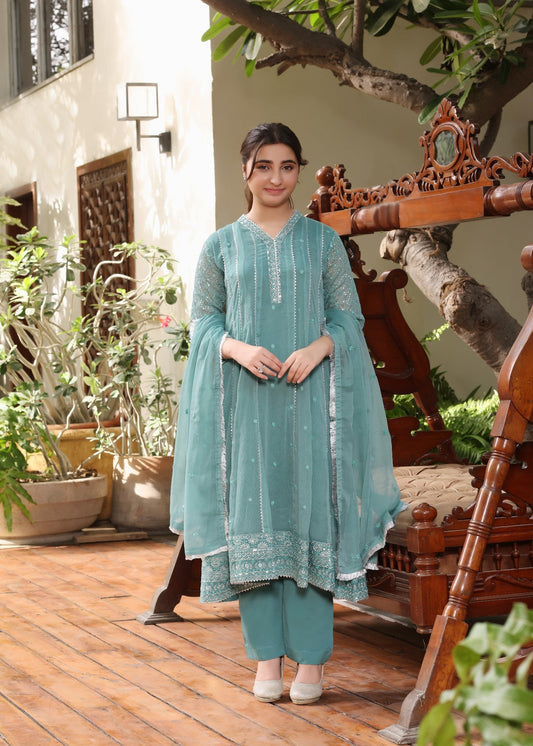 Embroidered Sea Green Chiffon Pishwas Set for Girls Online in Dubai DXB UAE Abudhabi Meena Bazaar