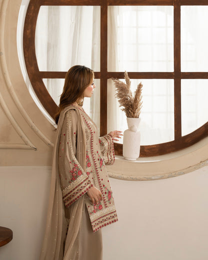 Embroidered Shamoz Silk Shalwar Kameez with Crinkle Chiffon Dupatta Online in KSA Riyadh Saudi Arabia Oman Bahrain Qatar