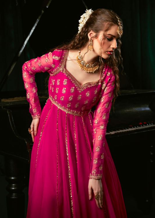 Embroidered Shocking Pink Chiffon Pishwas Kurta Set Online in Sri Lanka India Australia