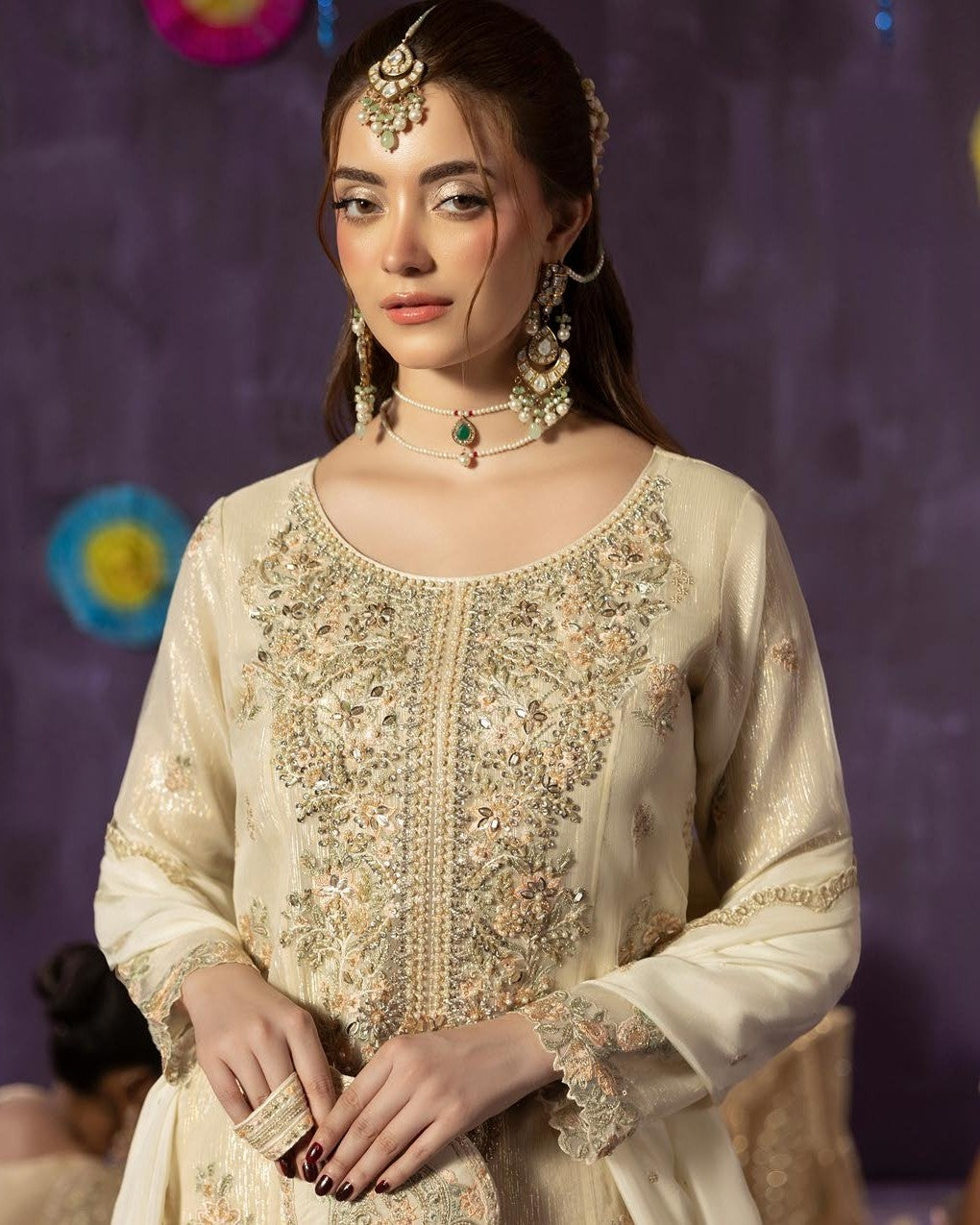 Embroidered Silk Dupatta Sharara Set Pakistani Designer Suit Online in KSA Riyadh Saudi Arabia Oman Bahrain Qatar