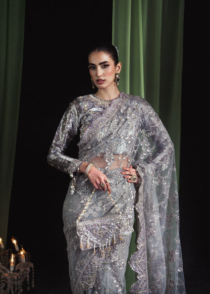 Embroidered Silver Pleated Saree for Women Online in KSA Riyadh Saudi Arabia Oman Bahrain Qatar