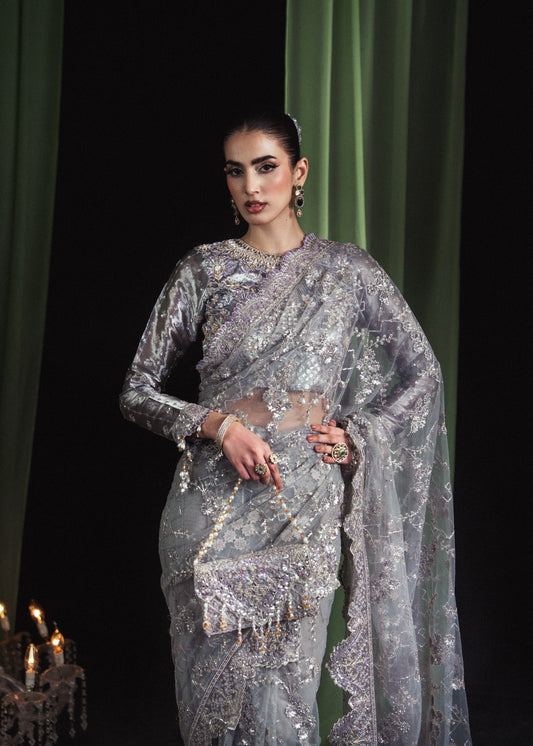 Embroidered Silver Pleated Saree for Women Online in KSA Riyadh Saudi Arabia Oman Bahrain Qatar
