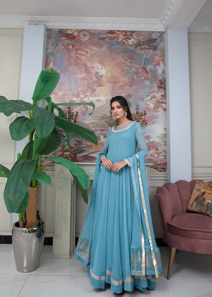 Embroidered Sky Blue Chiffon Pishwas Pakistani Partywear Suit Online in Dubai DXB UAE Abudhabi Meena Bazaar