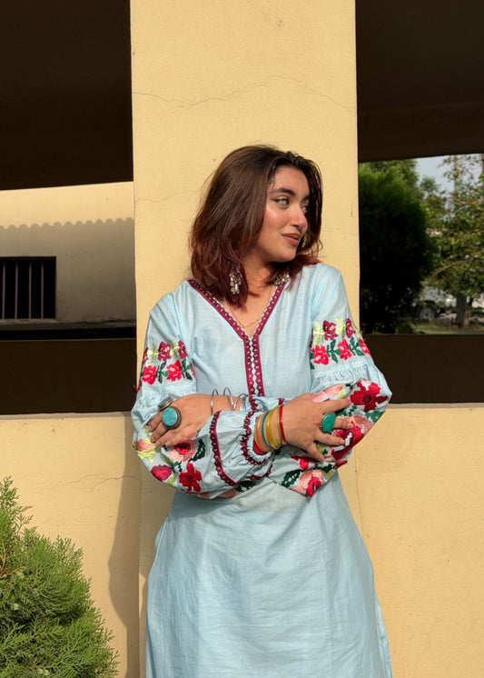 Embroidered Sky Blue Cotton Kurta Set Online in UK USA Canada