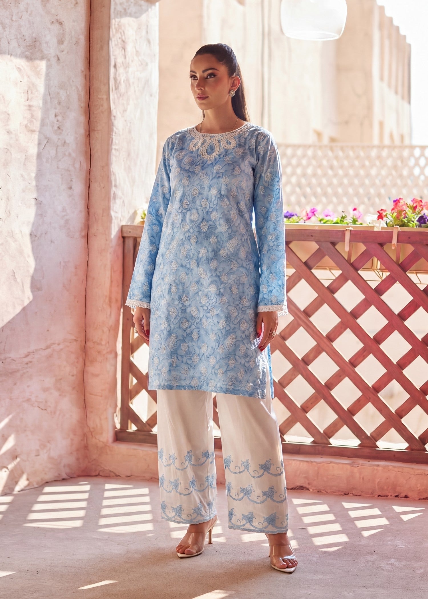 Embroidered Sky Blue Daily Wear Kurta Set Online in Dubai UAE Abudhabi Ajman Sharjah