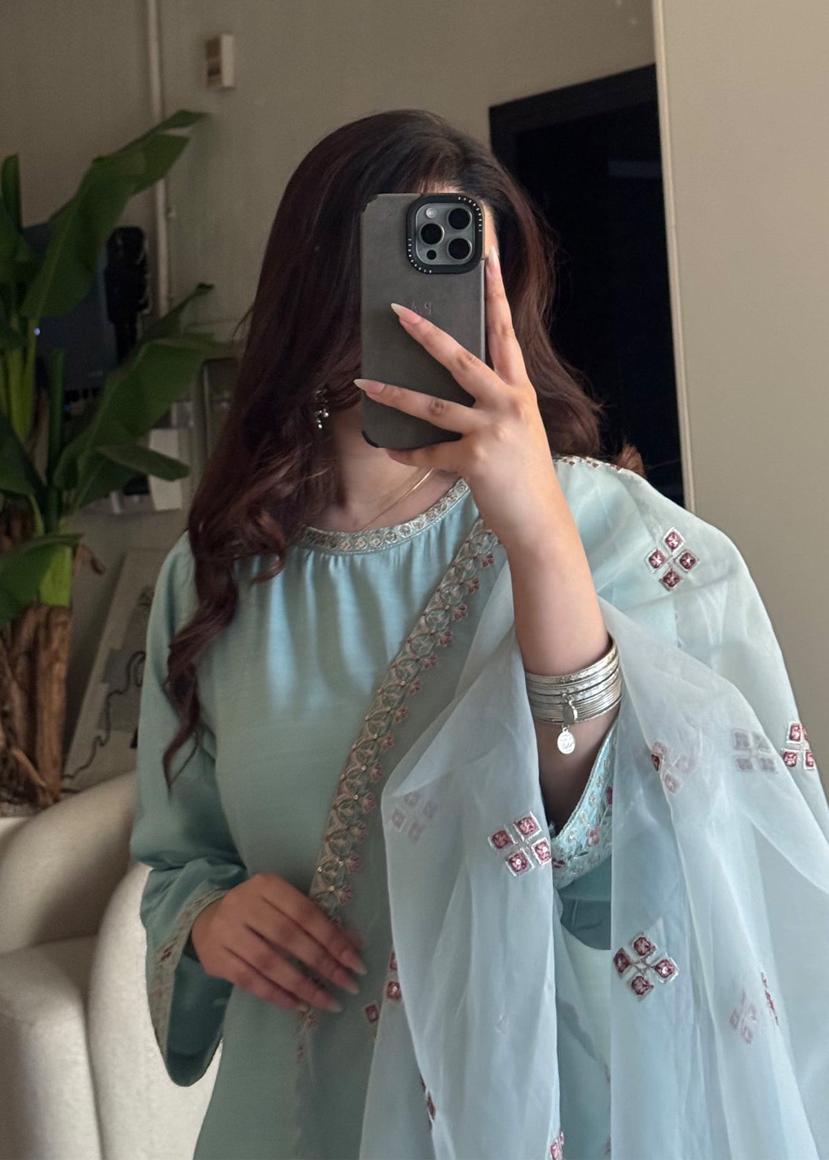 Embroidered Sky Blue Raw Silk Partywear Suit Online in KSA Riyadh Saudi Arabia Oman Bahrain Qatar