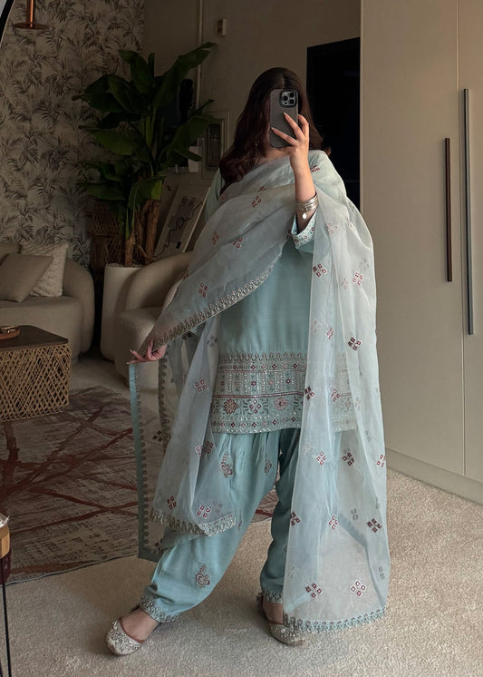 Embroidered Sky Blue Raw Silk Salwar Kameez Online in KSA Riyadh Saudi Arabia Oman Bahrain Qatar