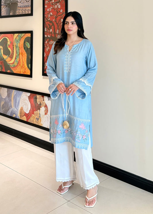 Embroidered Sky Blue Viscose Raw Silk Salwar Kameez Online in KSA Riyadh Saudi Arabia Oman Bahrain Qatar