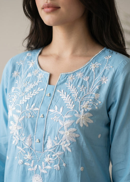 Embroidered Sky Cotton Straight Kurta Set Online in Dubai DXB UAE Abudhabi Meena Bazaar