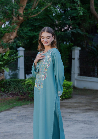 Embroidered Sky Khaddar Kurta Set for Women Online in Dubai UAE Abudhabi Ajman Sharjah