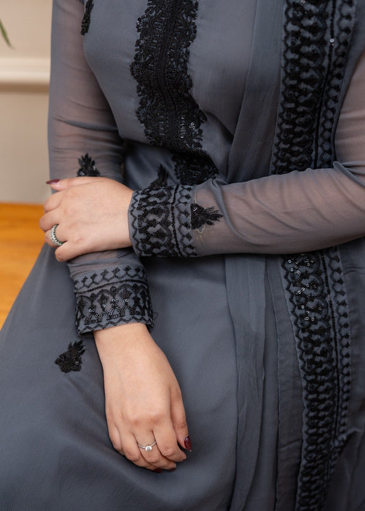 Embroidered Slate Grey Bemberg Crinkle Chiffon Dress Online in Dubai DXB UAE Abudhabi Meena Bazaar