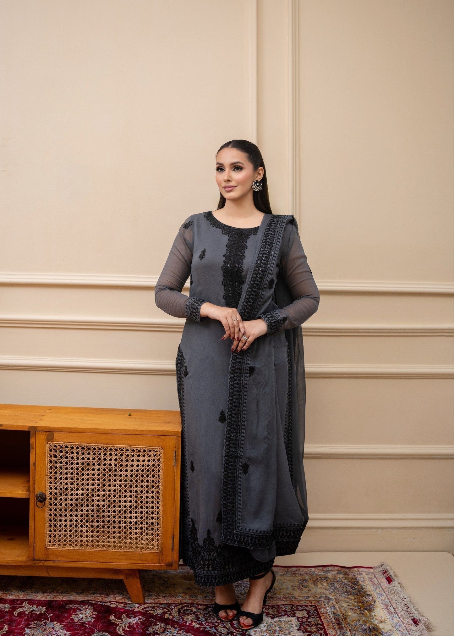 Embroidered Slate Grey Party Wear Chiffon Suit Online in UK USA Canada