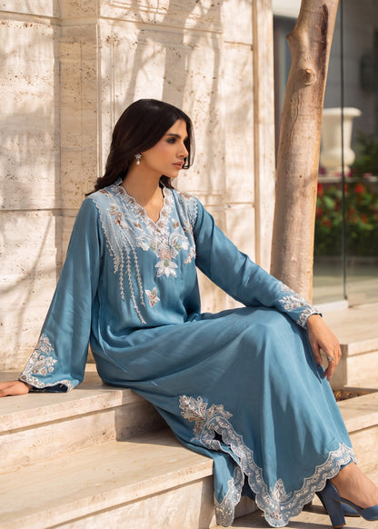 Embroidered Steel Blue Kaftan Online in KSA Riyadh Saudi Arabia Oman Bahrain Qatar