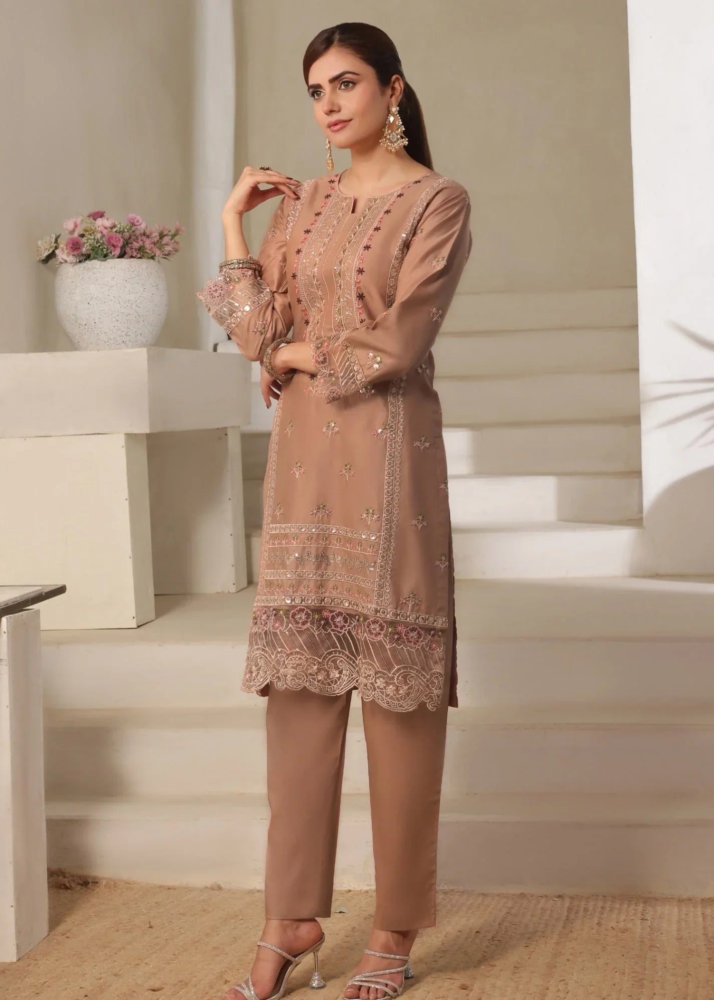 Embroidered Tan Brown Kurta Set with Straight Trouser Online in Dubai DXB UAE Abudhabi Meena Bazaar