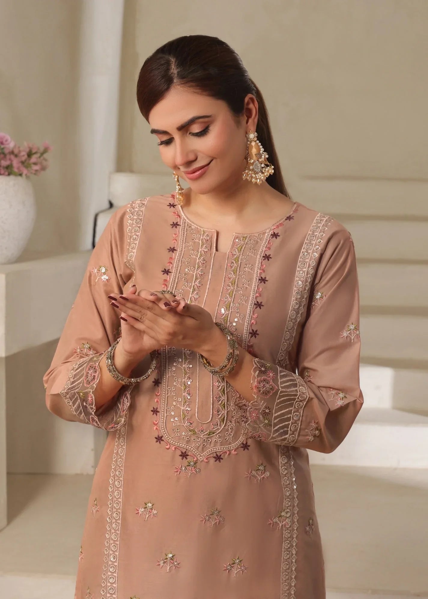 Embroidered Tan Brown Lawn Suit for Women Online in KSA Riyadh Saudi Arabia Oman Bahrain Qatar
