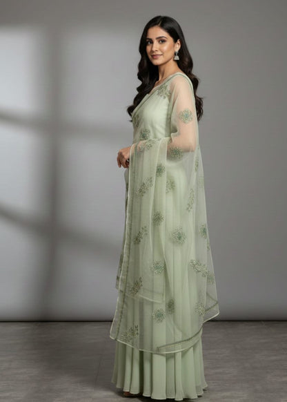 Embroidered Tea Green Organza Dupatta Online in KSA Riyadh Saudi Arabia Oman Bahrain Qatar