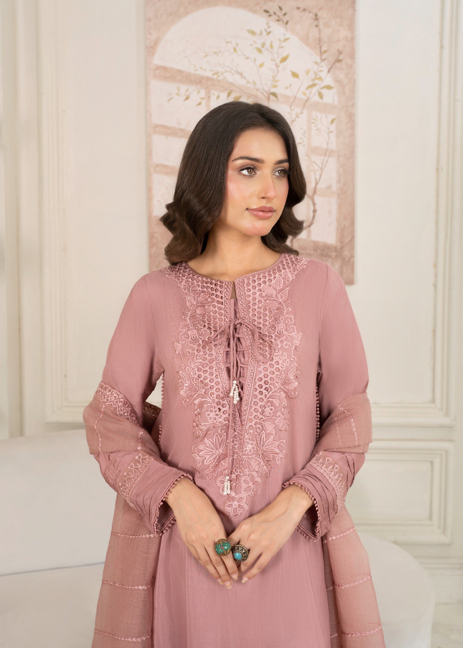 Embroidered Tea Rose Pink Organza Dupatta Suit Online in Dubai DXB UAE Abudhabi Meena Bazaar