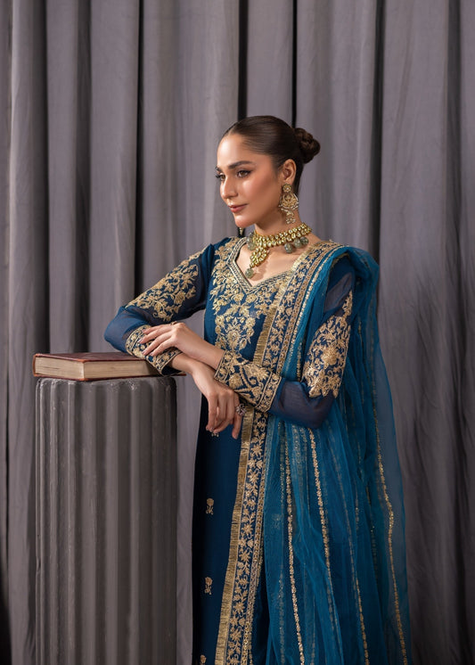 Embroidered Teal Bemberg Crinkle Chiffon 3 Piece Suit Online in Sri Lanka India Australia