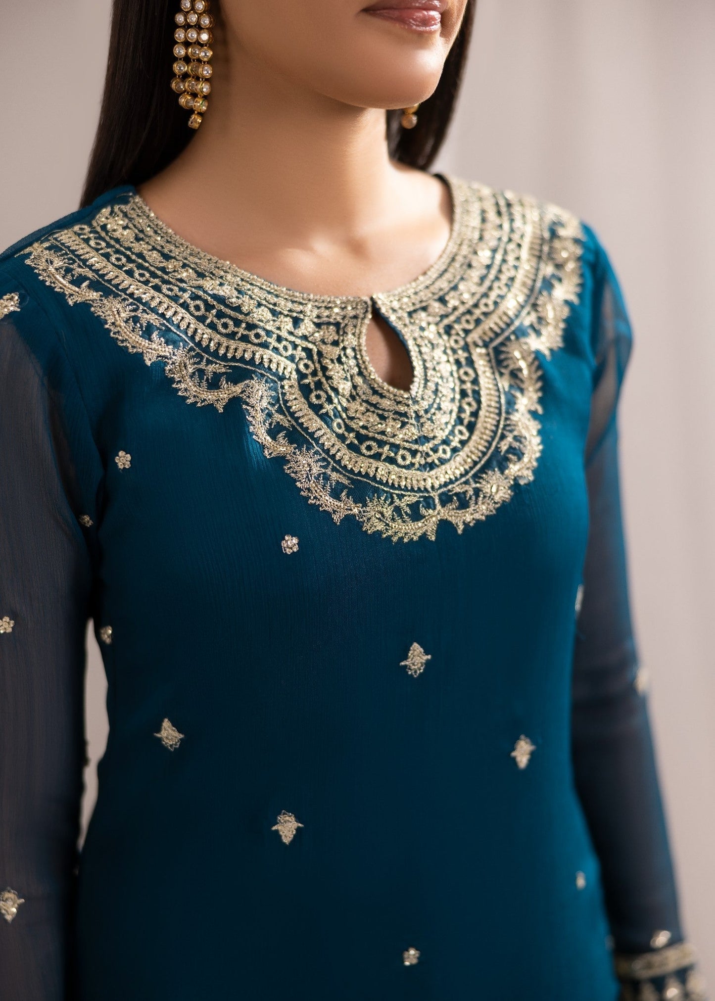 Embroidered Teal Bemberg Crinkle Chiffon Kurta with Trouser Online in Dubai UAE Abudhabi Ajman Sharjah