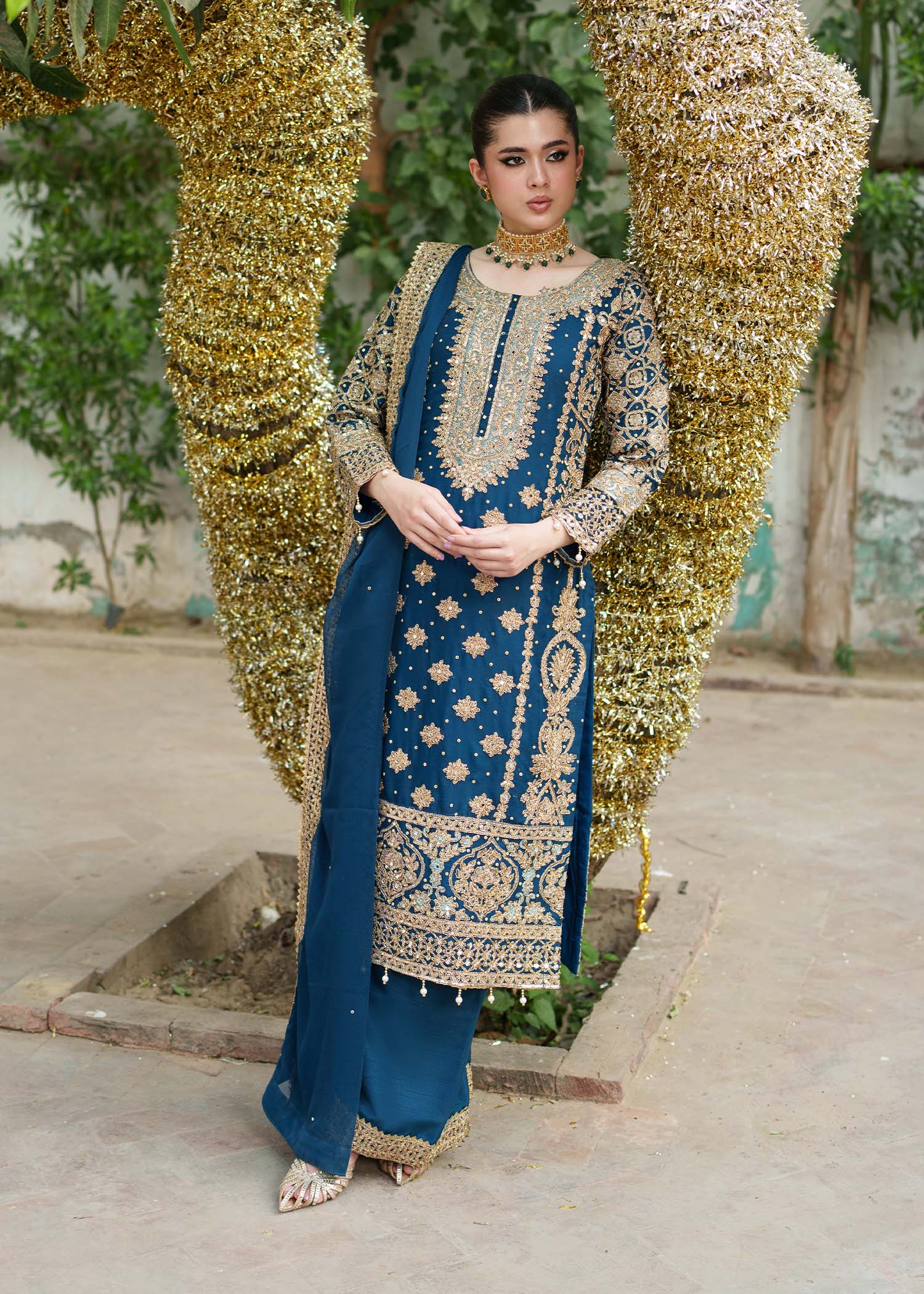 Embroidered Teal Chiffon 3 Piece Suit Online in Dubai DXB UAE Abudhabi Meena Bazaar