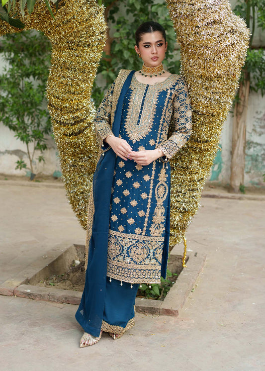 Embroidered Teal Chiffon 3 Piece Suit Online in Dubai DXB UAE Abudhabi Meena Bazaar