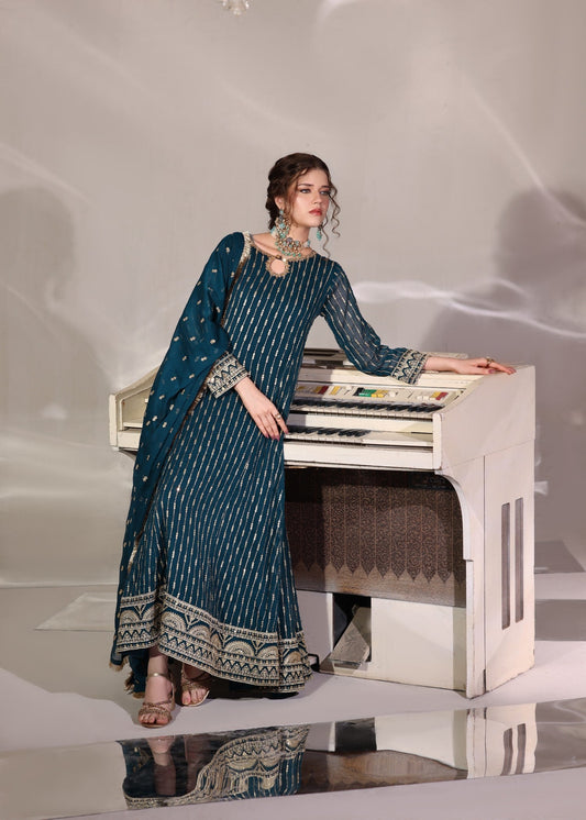 Embroidered Teal Chiffon Festive Suit Online in Dubai DXB UAE Abudhabi Meena Bazaar