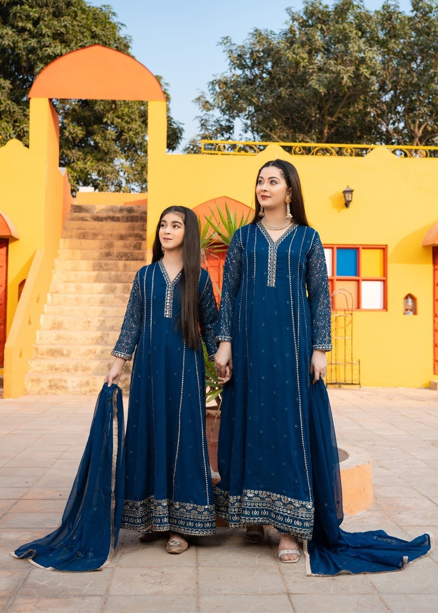 Embroidered Teal Chiffon Girls Partywear Maxi Online in UK USA Canada