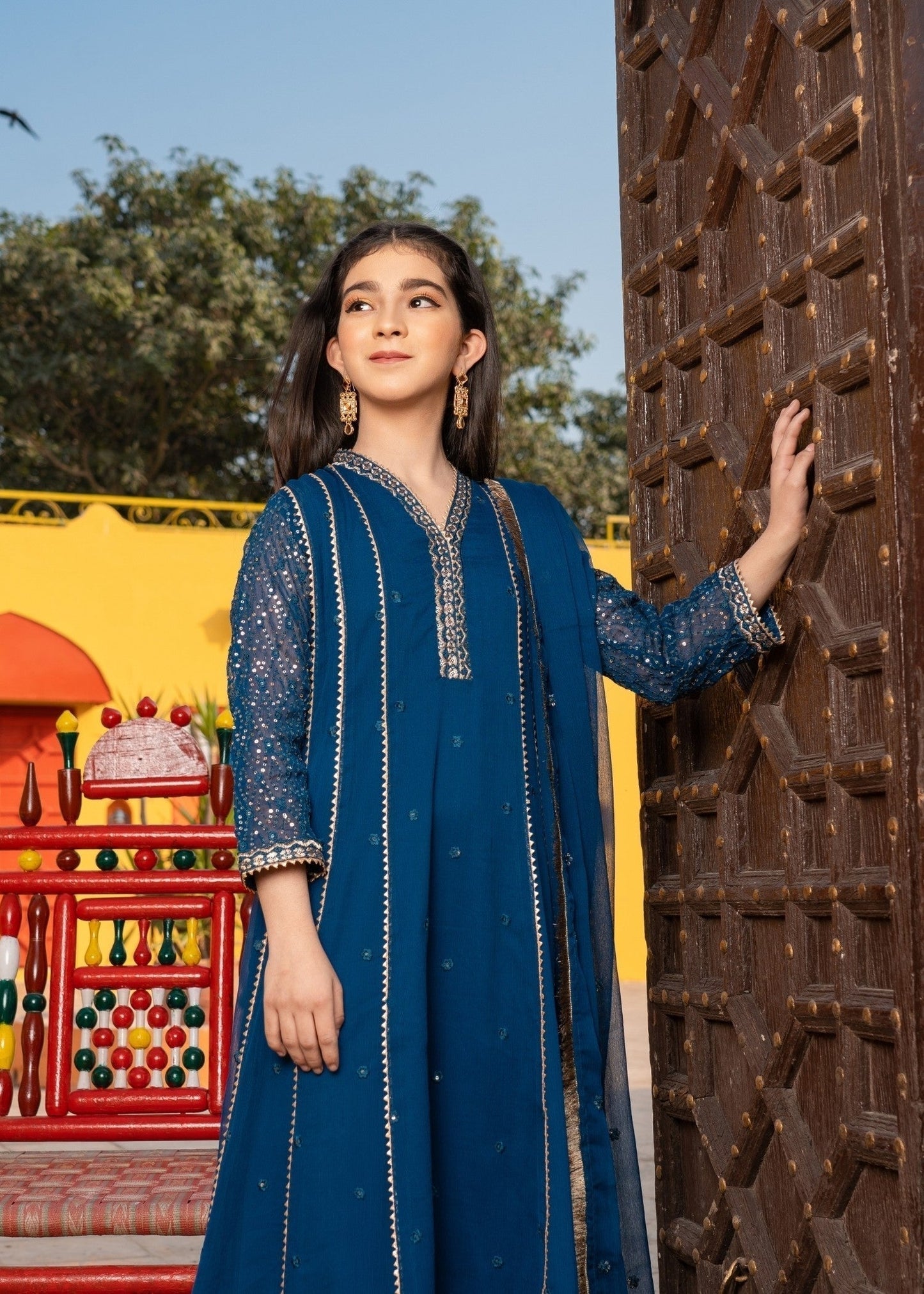 Embroidered Teal Chiffon Kalidar Maxi Dress Online in UK USA Canada