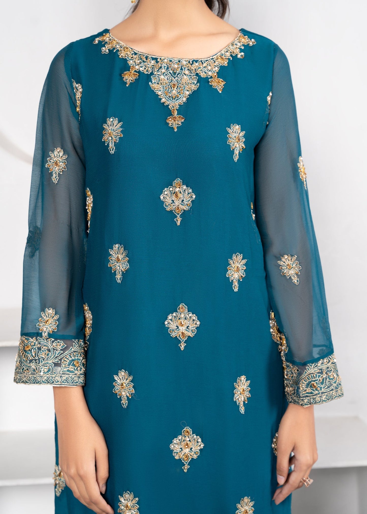 Embroidered Teal Chiffon Ladies Suit Online in UK USA Canada