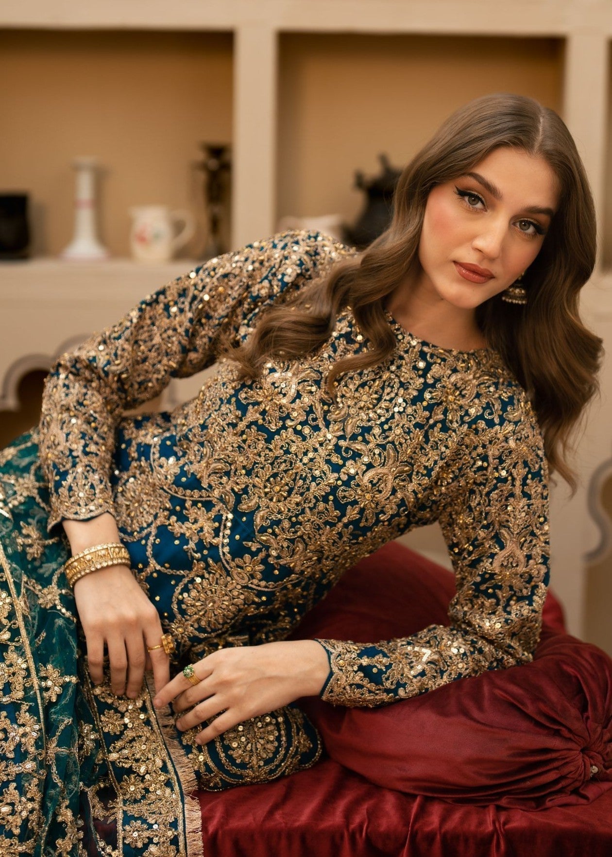 Embroidered Teal Chiffon Pakistani Wedding Dress Online in Dubai DXB UAE Abudhabi Meena Bazaar
