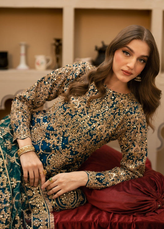 Embroidered Teal Chiffon Pakistani Wedding Dress Online in Dubai DXB UAE Abudhabi Meena Bazaar