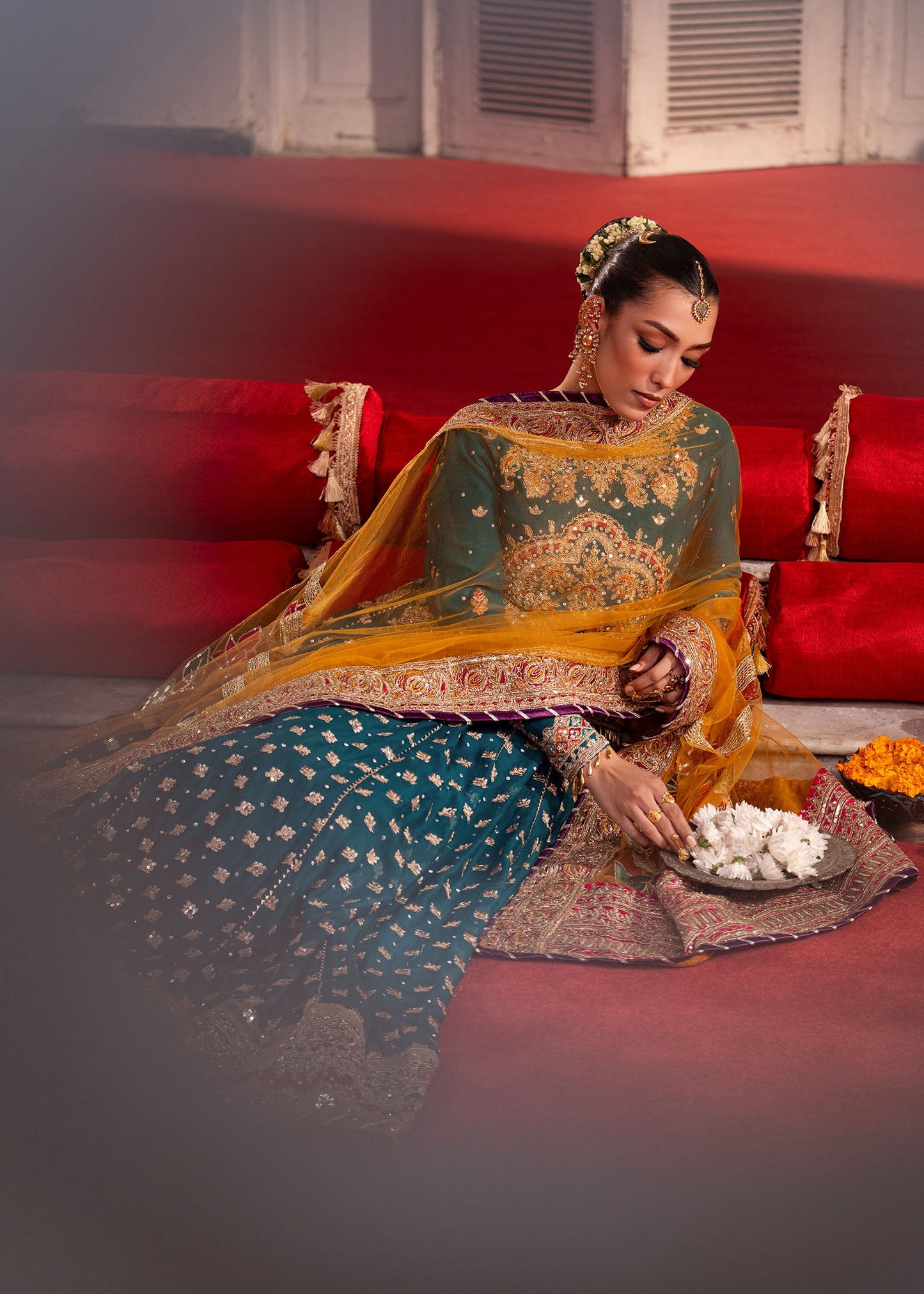 Embroidered Teal Chiffon Pakistani Wedding Outfit Online in Dubai DXB UAE Abudhabi Meena Bazaar