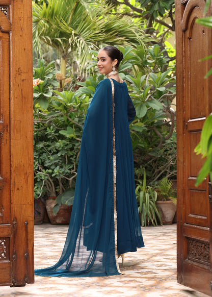 Embroidered Teal Chiffon Pishwas Party Outfit Online in Dubai UAE Abudhabi Ajman Sharjah