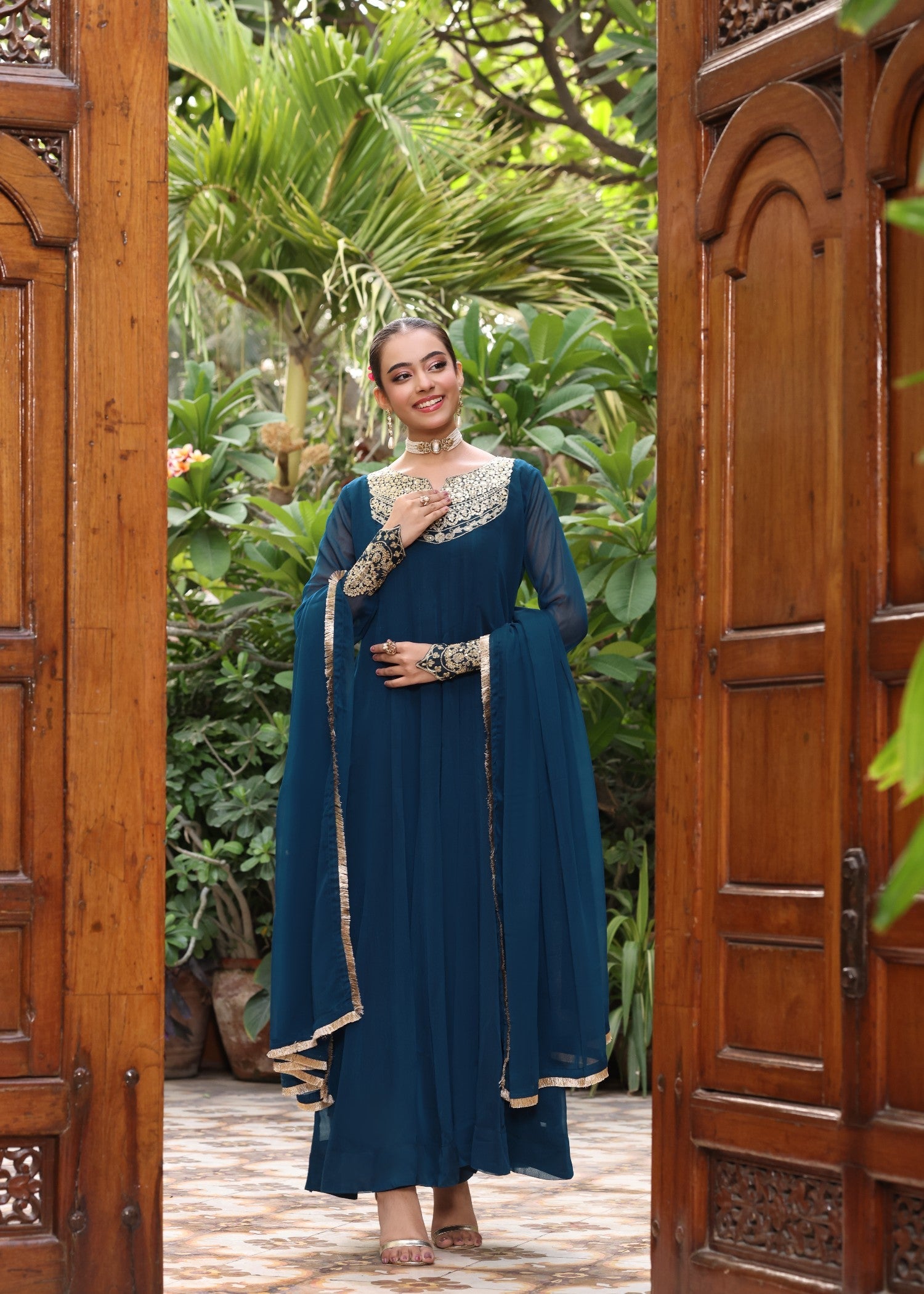 Embroidered Teal Chiffon Salwar Kameez Online in KSA Riyadh Saudi Arabia Oman Bahrain Qatar