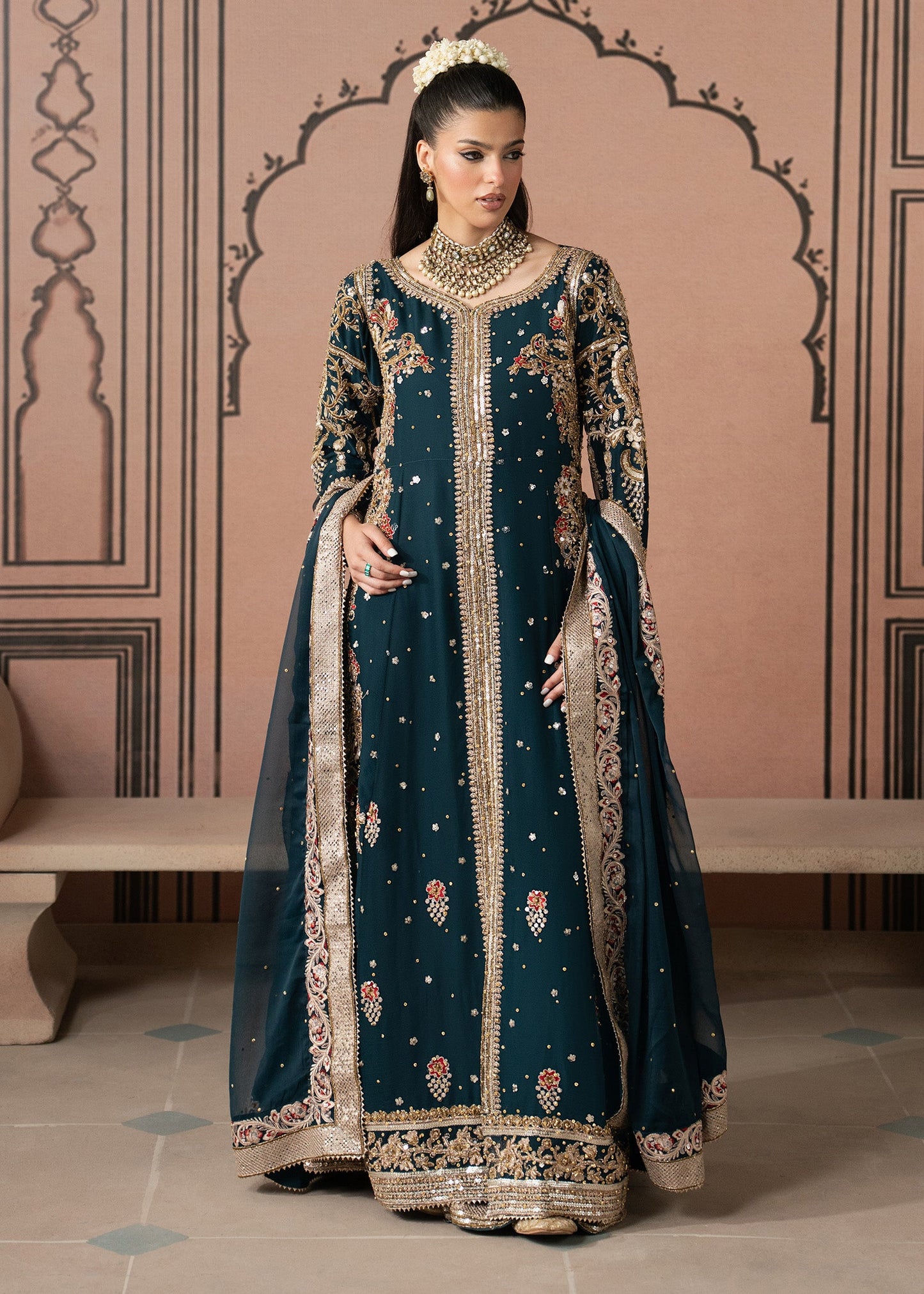 Embroidered Teal Chiffon Wedding Dress Online in KSA Riyadh Saudi Arabia Oman Bahrain Qatar