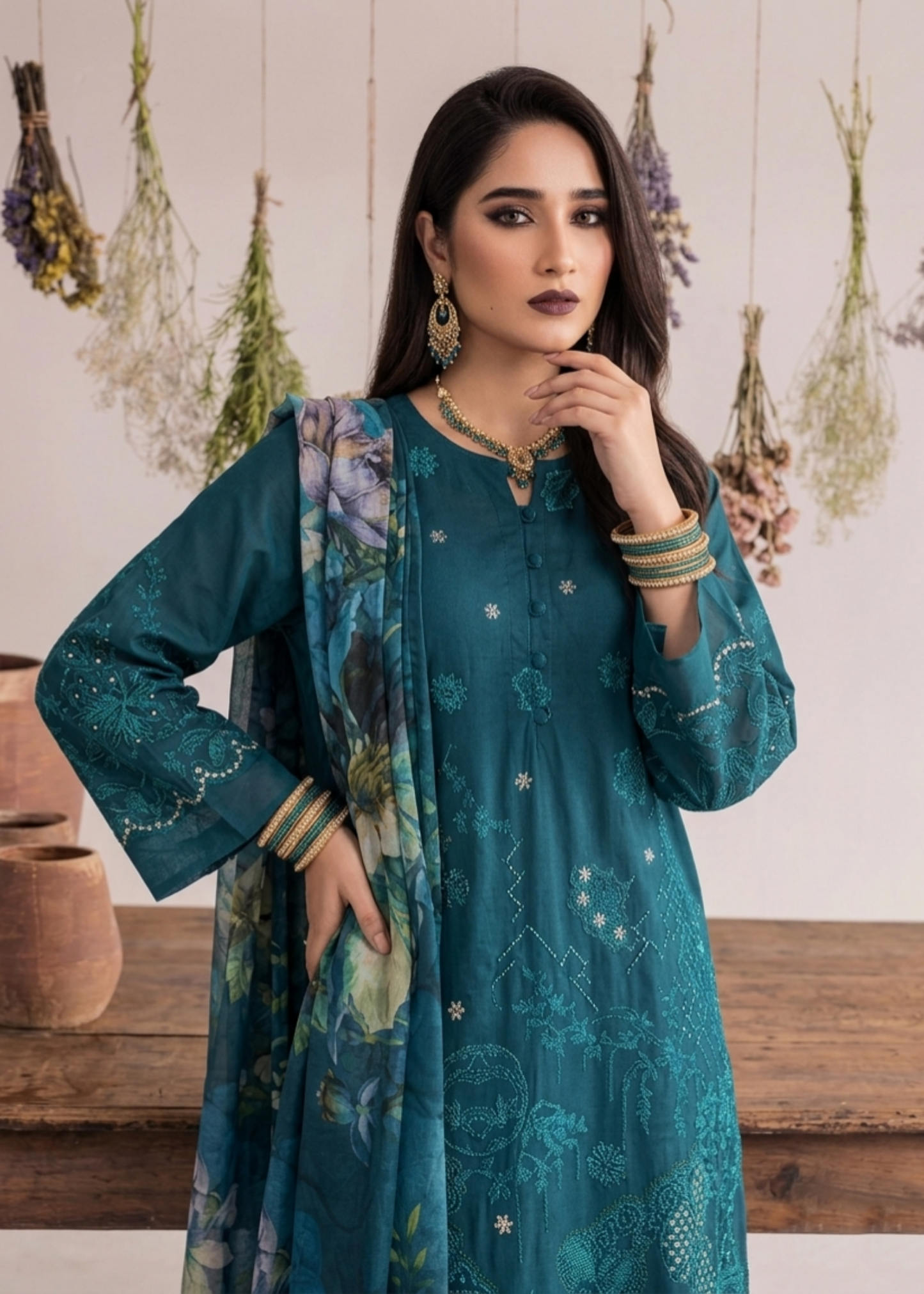 Embroidered Teal Cotton Ladies Suit Online in UK USA Canada