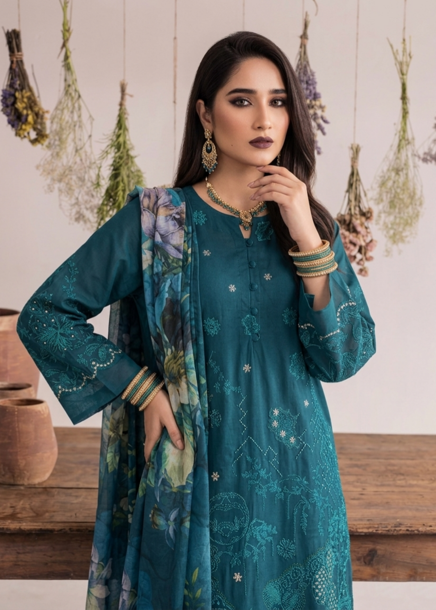 Embroidered Teal Cotton Ladies Suit Online in UK USA Canada
