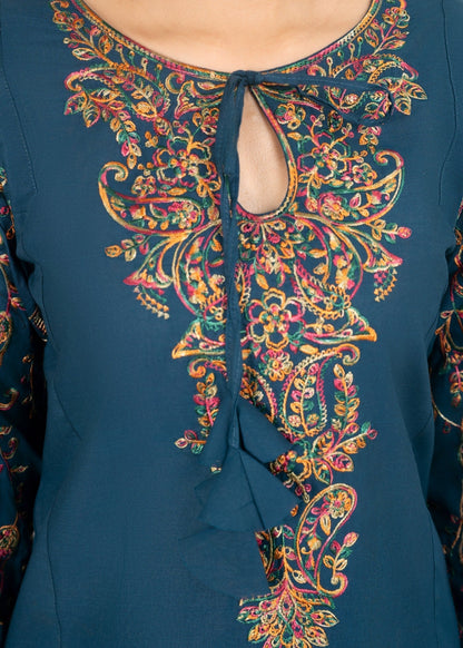 Embroidered Teal Cotton Straight Cut Kurta Suit Online in Dubai UAE Abudhabi Ajman Sharjah