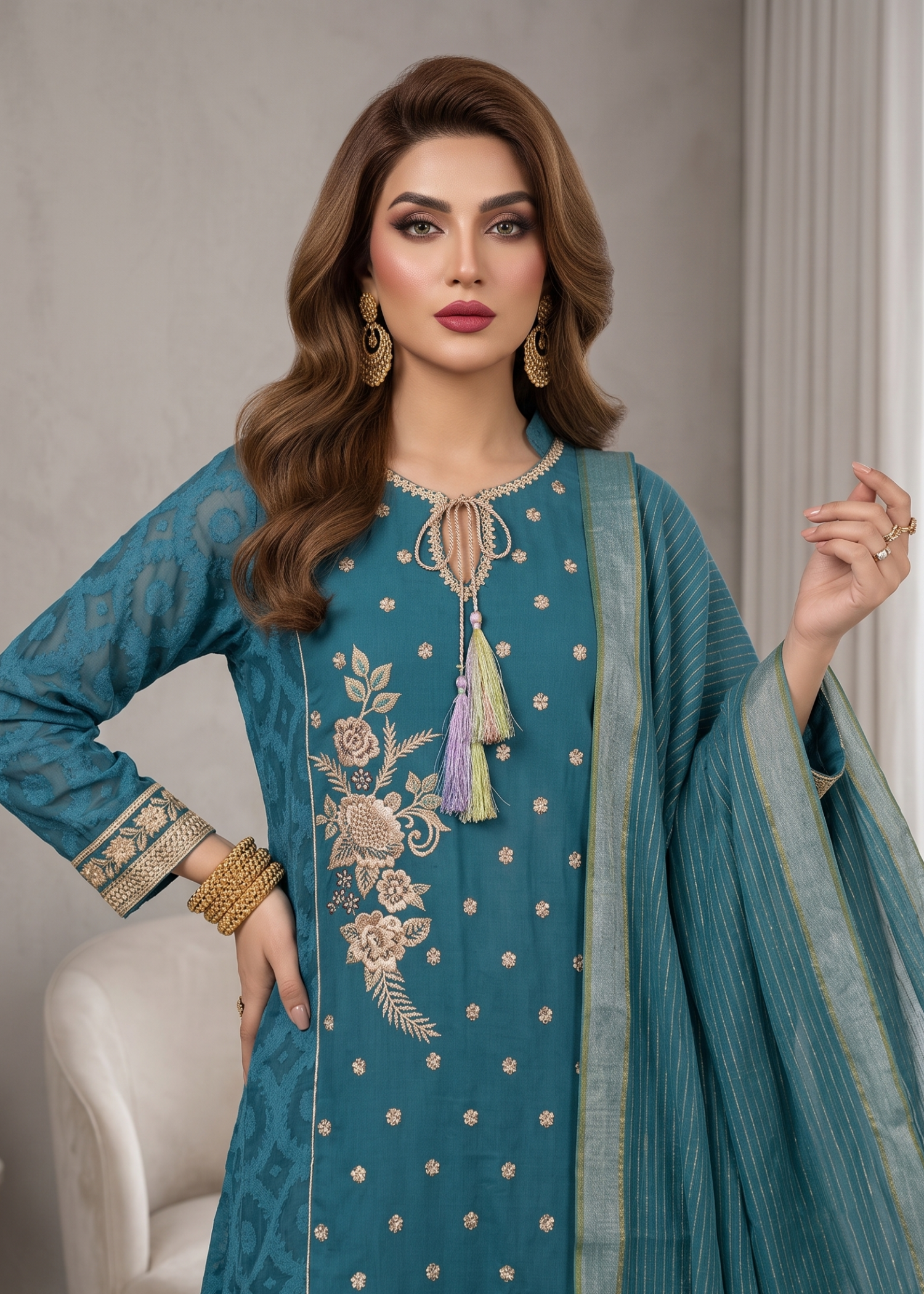 Embroidered Teal Jacquard Frock with Dupatta Online in Sri Lanka India Australia