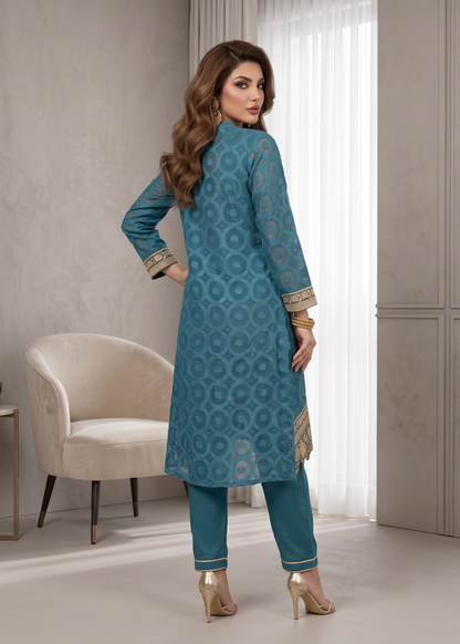 Embroidered Teal Jacquard Ladies Suit Online in KSA Riyadh Saudi Arabia Oman Bahrain Qatar