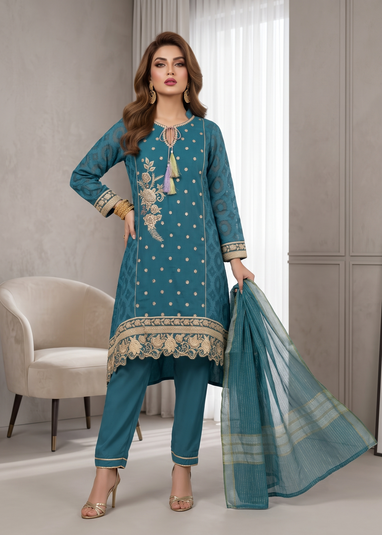 Embroidered Teal Jacquard Salwar Suit Online in KSA Riyadh Saudi Arabia Oman Bahrain Qatar