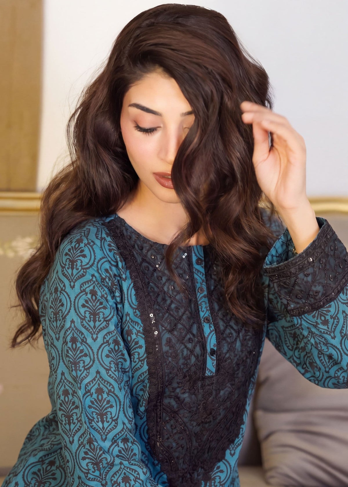 Embroidered Teal Kaftan Online in KSA Riyadh Saudi Arabia Oman Bahrain Qatar