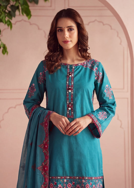 Embroidered Teal Lawn 3 Piece Suit Online in Sri Lanka India Australia