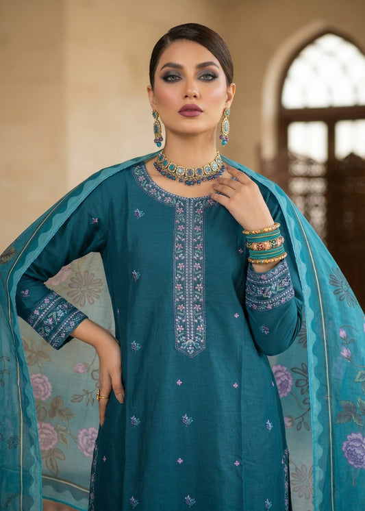 Embroidered Teal Lawn Kurta Plazzo Dupatta Online in Dubai DXB UAE Abudhabi Meena Bazaar