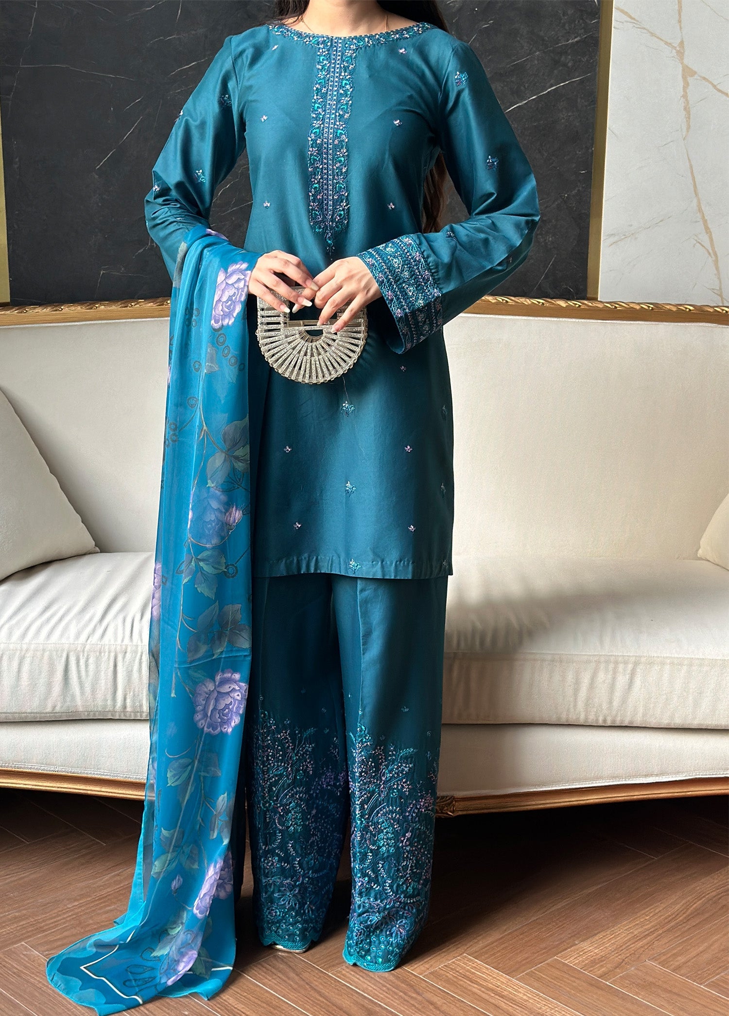 Embroidered Teal Lawn Suit Online in Dubai DXB UAE Abudhabi Meena Bazaar